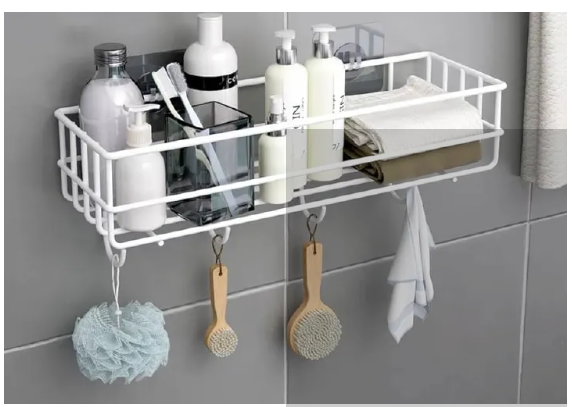 Wall Mounted Bathroom Organizer with Hooks Multi Purpose Storage Shelf Shower Caddy Towel Hanger Space Saving Bathroom Rack for Toiletries and Accessories