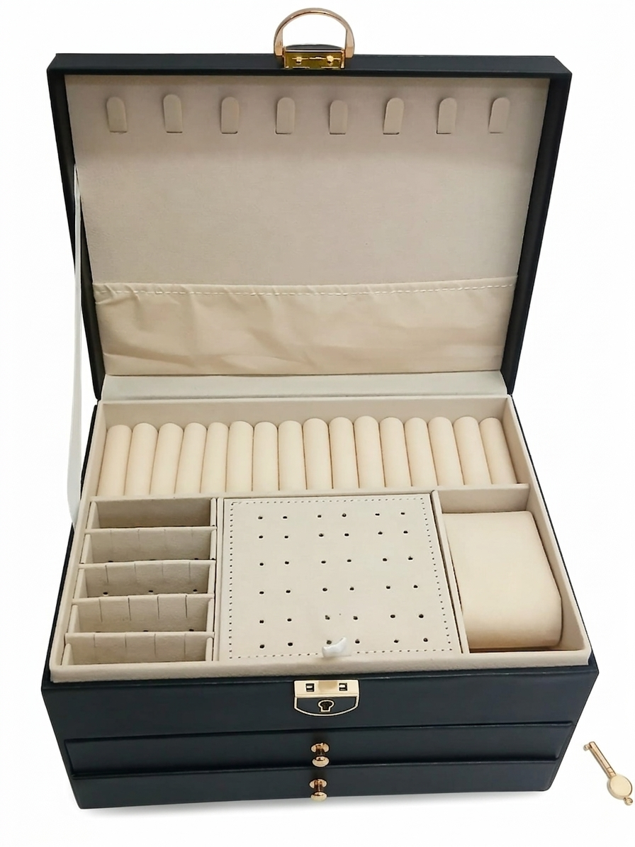 Jewelry box organizer Jewelry Case PU Leather ring/bracelet/necklace/earrings/watch Jewelery Storage Box Organizer Display three layers drawers organizer display valentines gift for girlfriends