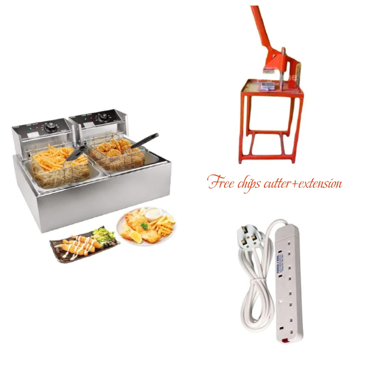 Double comercial 12L  deep fryer, a chips cutter, and a power extension cord. 
Deep Fryer:double-tank electric deep fryer, suitable for commercial or home use. It is designed for frying foods such as
