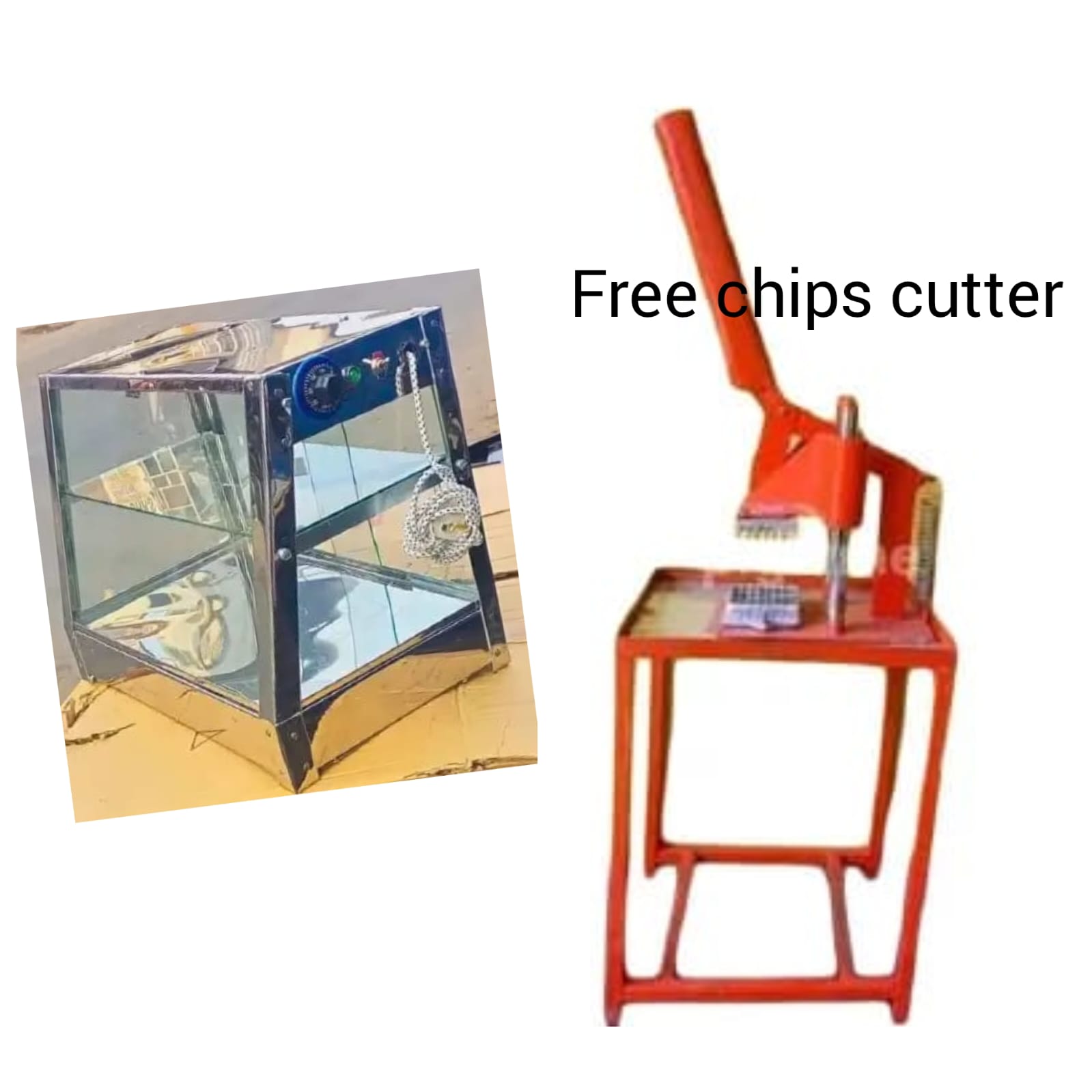 Chips Warmer/Display+Commercial Chips Cutter:
Keep your fries fresh, hot, and ready to serve with this electric chips warmer and display unit. Built with durable stainless steel and clear glass panels