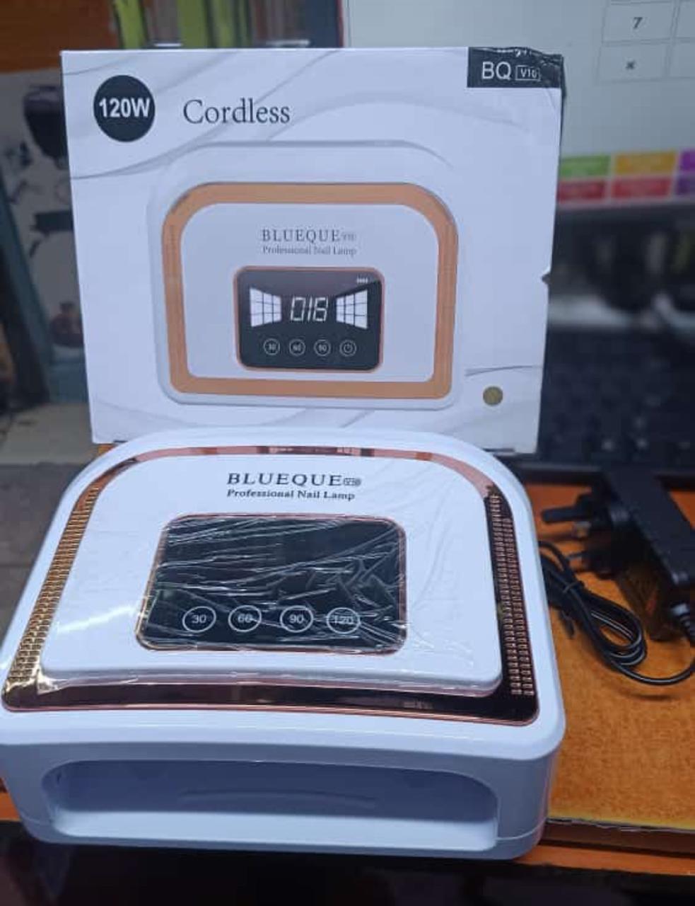 BLUEQUE Professional Nail Lamp, model BQ V10. 
This is a 120W, cordless, rechargeable UV/LED nail lamp designed for curing gel nail polishes. 
It features a dual light source (UV/LED), a digital LCD d