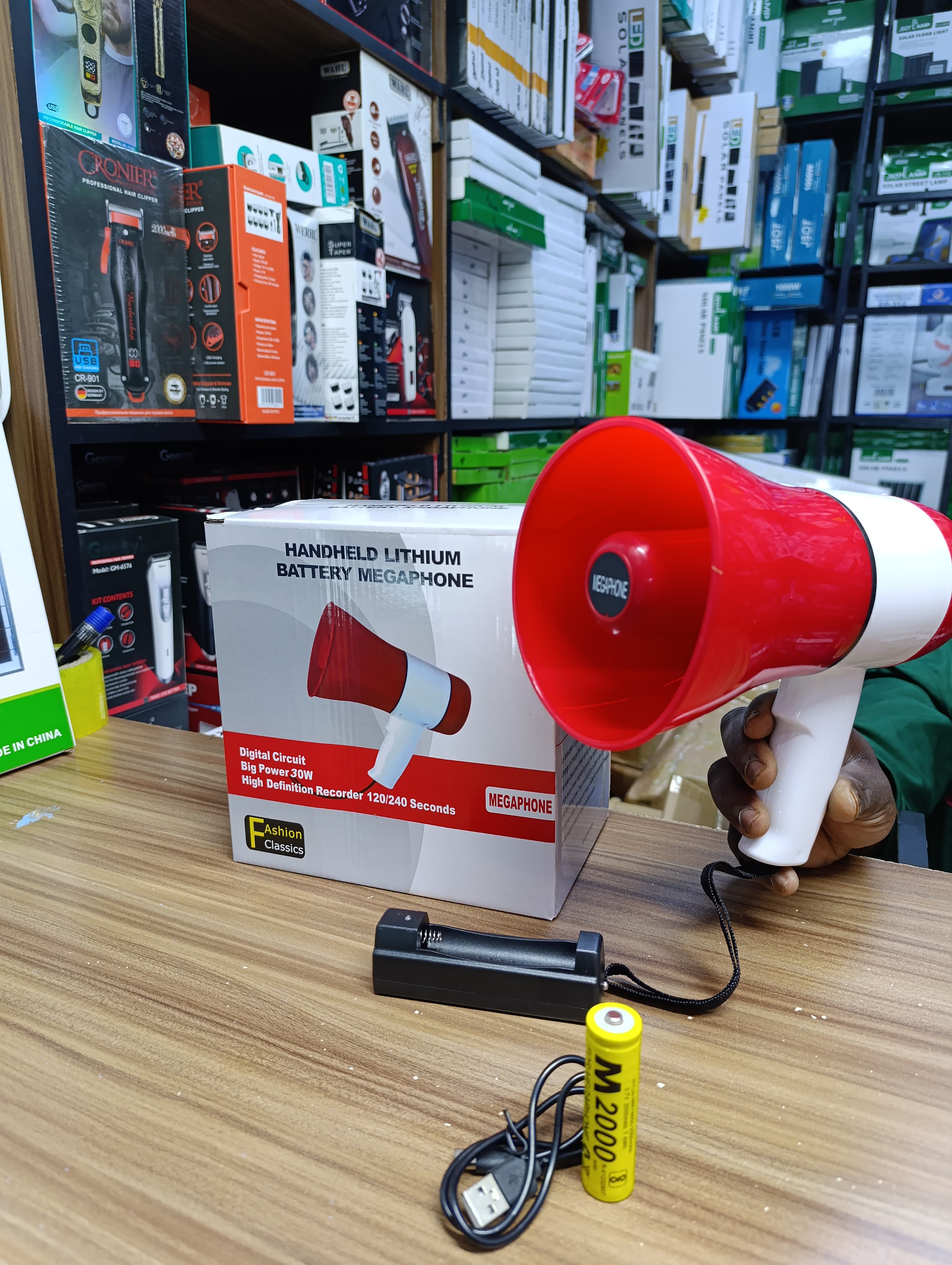 Handheld Lithium Battery Megaphone, likely an Ashion Classics model. 
Power: Big Power 30W output.
Recording: High Definition Recorder with 120/240 Seconds recording capability.
Design: Features a lig
