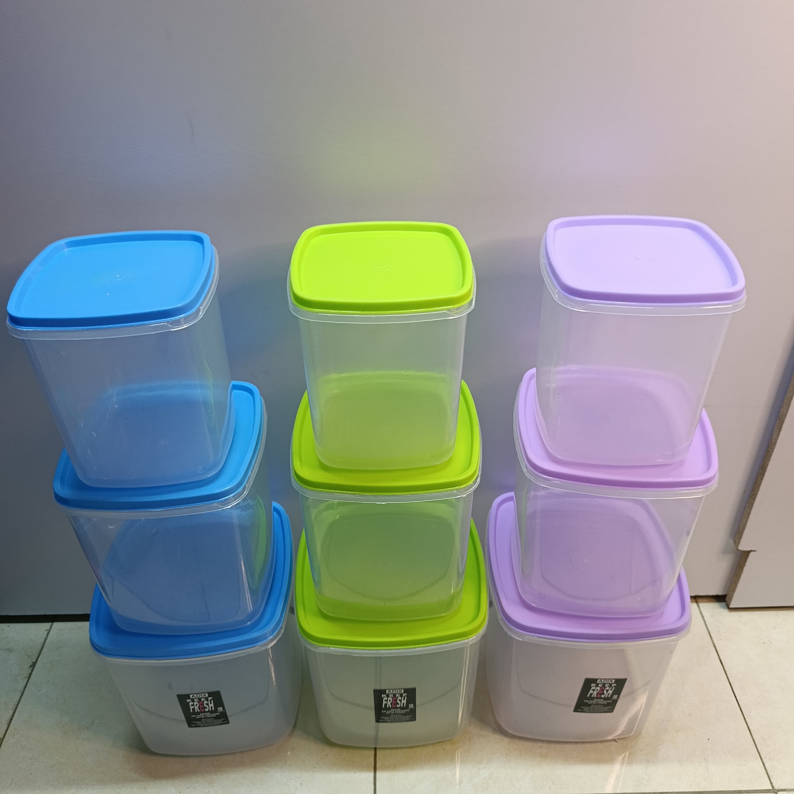 3in1 Adix plastic Clear Keep Fresh Square food storage containers. They are available in various sizes and colors, including the blue, green, and purple lids shown in the image. 
Here is some shopping
