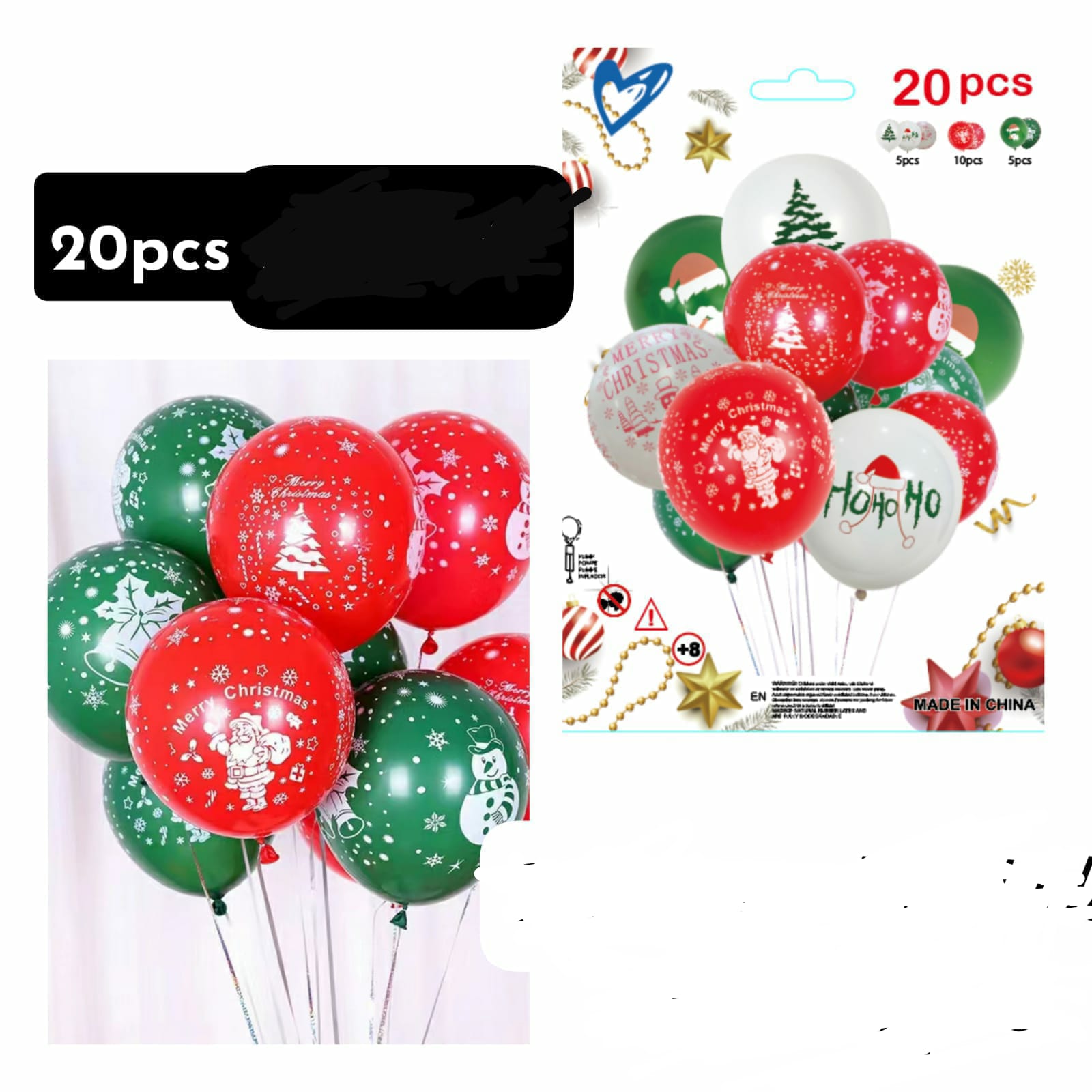 20 pieces of Christmas-themed latex balloons. These balloons come in red and green colors with various holiday designs, such as Santa Claus, snowmen, and Christmas trees. 
Quantity: 20 balloons per pa