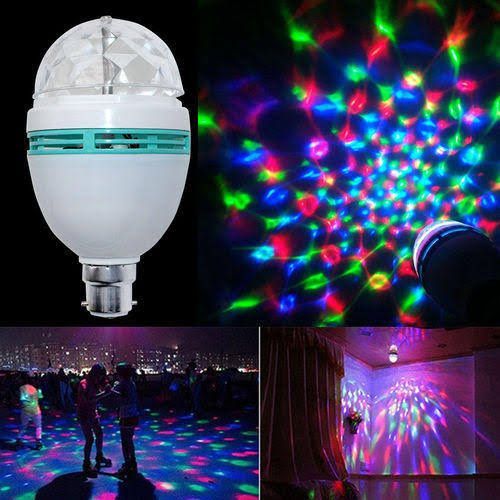 LED disco light bulb. 
It features RGB (red, green, blue) LED lights that automatically rotate to project colorful, swirling patterns. 
The bulb has a standard base (e.g., E27 or B22D) designed to fit