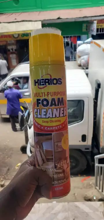 Herios Multi-Purpose Foam Cleaner. This product is designed for deep cleaning various surfaces in cars and homes. 
Capacity: 650ml
Scent: Lemon-scented
Applications: Suitable for use on fabric, carpet
