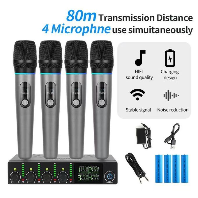YUUIKLLE Professional 4 Channel Wireless Microphone System with 4 Portable Handheld Mics Rechargeable Karaoke Mic Set High Quality Sound for Meetings Parties Church DJ Wedding KTV Events Home Use