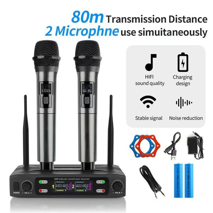 YUUIKLLE Professional 2 Channel Wireless Microphone System with 2 Portable Handheld Mics Rechargeable Karaoke Mic Set Clear Sound Long Range for Meetings Parties Church DJ Wedding KTV Events Home Use
