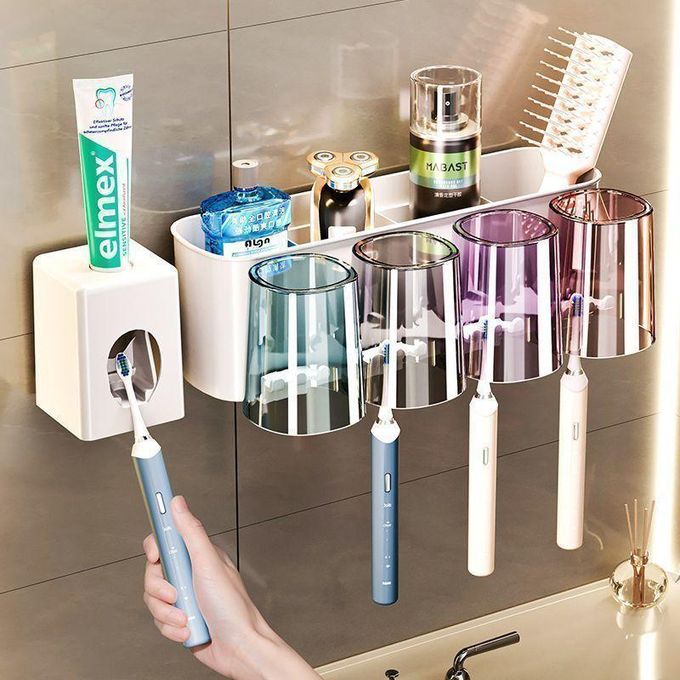 Wall Mounted Toothbrush Holder with Toothpaste Dispenser Electric Toothbrush Organizer with 4 Colorful Mouthwash Cups Multiple Slots Hygienic Bathroom Storage Rack Durable Space Saving Design