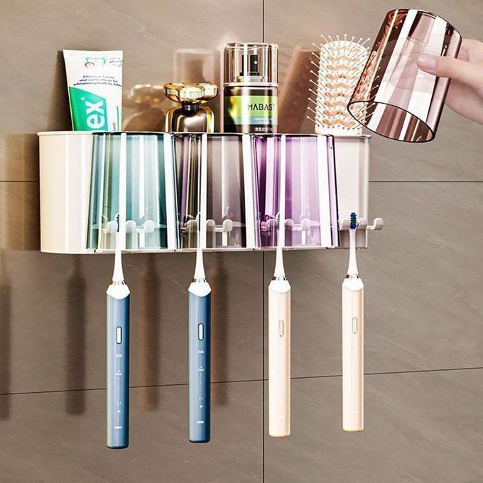 Wall Mounted Toothbrush Holder with Toothpaste Dispenser Electric Toothbrush Organizer with 4 Colorful Mouthwash Cups Multiple Slots Hygienic Bathroom Storage Rack Durable Space Saving Design