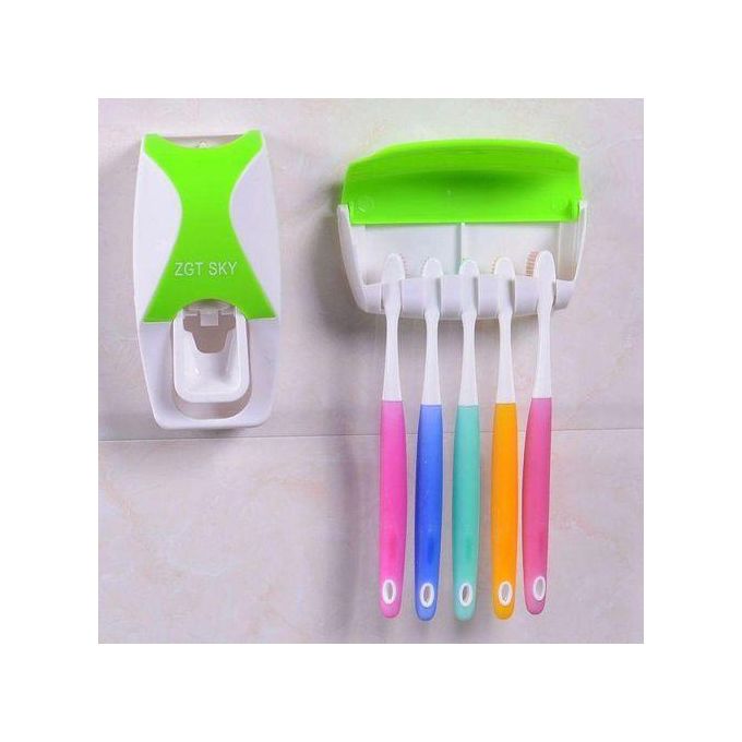 Toothpaste Dispenser with 5PCS Toothbrush Holder Wall Mounted Automatic Toothpaste Squeezer Bathroom Organizer Hygienic Storage Rack Durable Space Saving Bathroom Accessories Set for Family Use