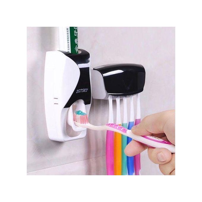 Toothpaste Dispenser with 5PCS Toothbrush Holder Wall Mounted Automatic Toothpaste Squeezer Bathroom Organizer Hygienic Storage Rack Durable Space Saving Bathroom Accessories Set for Family Use
