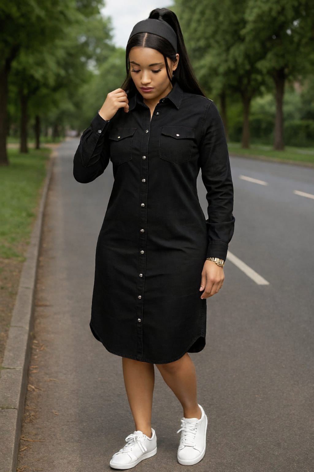 Classic Black Button-Down Shirt Dress – Elegant & Casual