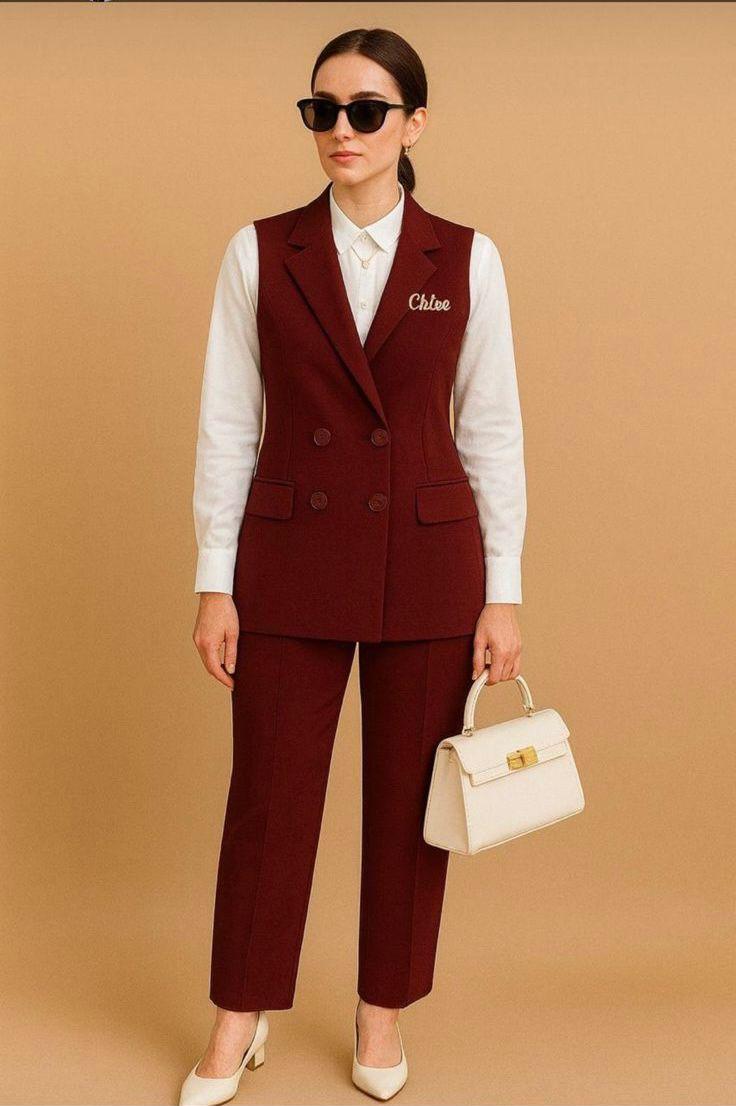Women’s Elegant Office 2-Piece Suit Set – Sleeveless Blazer & Trousers