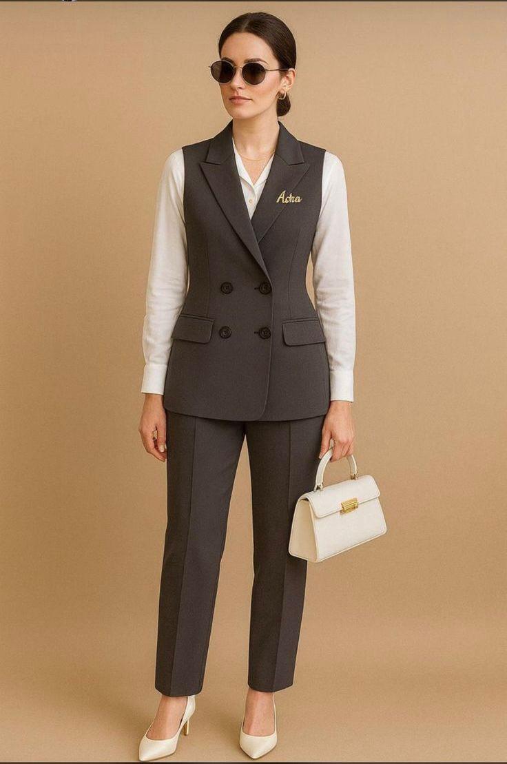 Women’s Elegant Office 2-Piece Suit Set – Sleeveless Blazer & Trousers