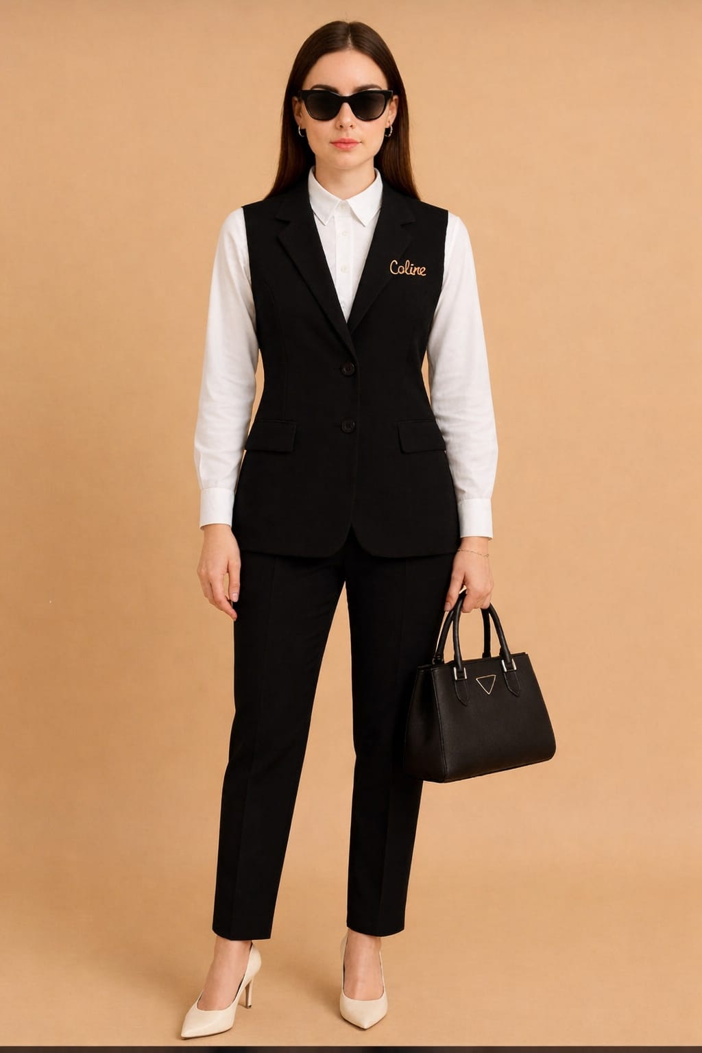 Women’s Elegant Office 2-Piece Suit Set – Sleeveless Blazer & Trousers