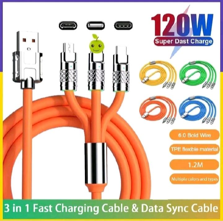 6A 120W 3 In 1 Charging Cable USB Fast Charger Cable For iPhone Micro USB Type-C Charging Cable For Huawei Samsung Xiaomi Wird Cord
