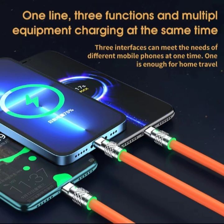 6A 120W 3 In 1 Charging Cable USB Fast Charger Cable For iPhone Micro USB Type-C Charging Cable For Huawei Samsung Xiaomi Wird Cord