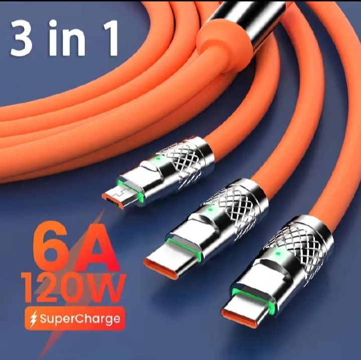 6A 120W 3 In 1 Charging Cable USB Fast Charger Cable For iPhone Micro USB Type-C Charging Cable For Huawei Samsung Xiaomi Wird Cord