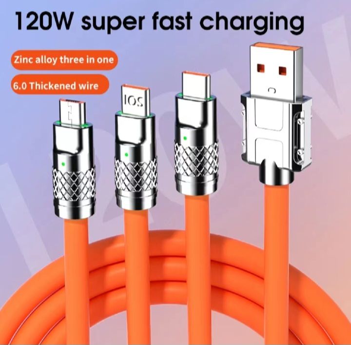 6A 120W 3 In 1 Charging Cable USB Fast Charger Cable For iPhone Micro USB Type-C Charging Cable For Huawei Samsung Xiaomi Wird Cord