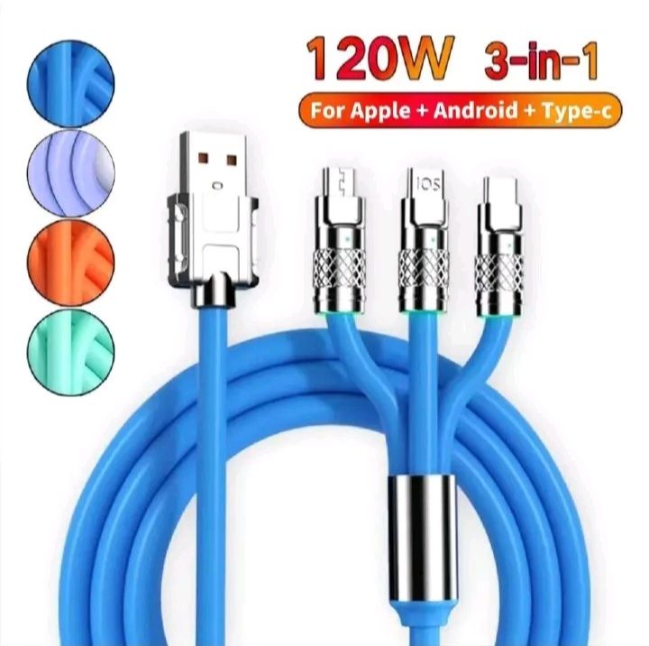 6A 120W 3 In 1 Charging Cable USB Fast Charger Cable For iPhone Micro USB Type-C Charging Cable For Huawei Samsung Xiaomi Wird Cord