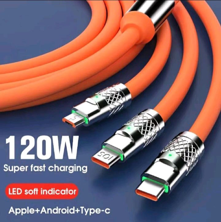 6A 120W 3 In 1 Charging Cable USB Fast Charger Cable For iPhone Micro USB Type-C Charging Cable For Huawei Samsung Xiaomi Wird Cord