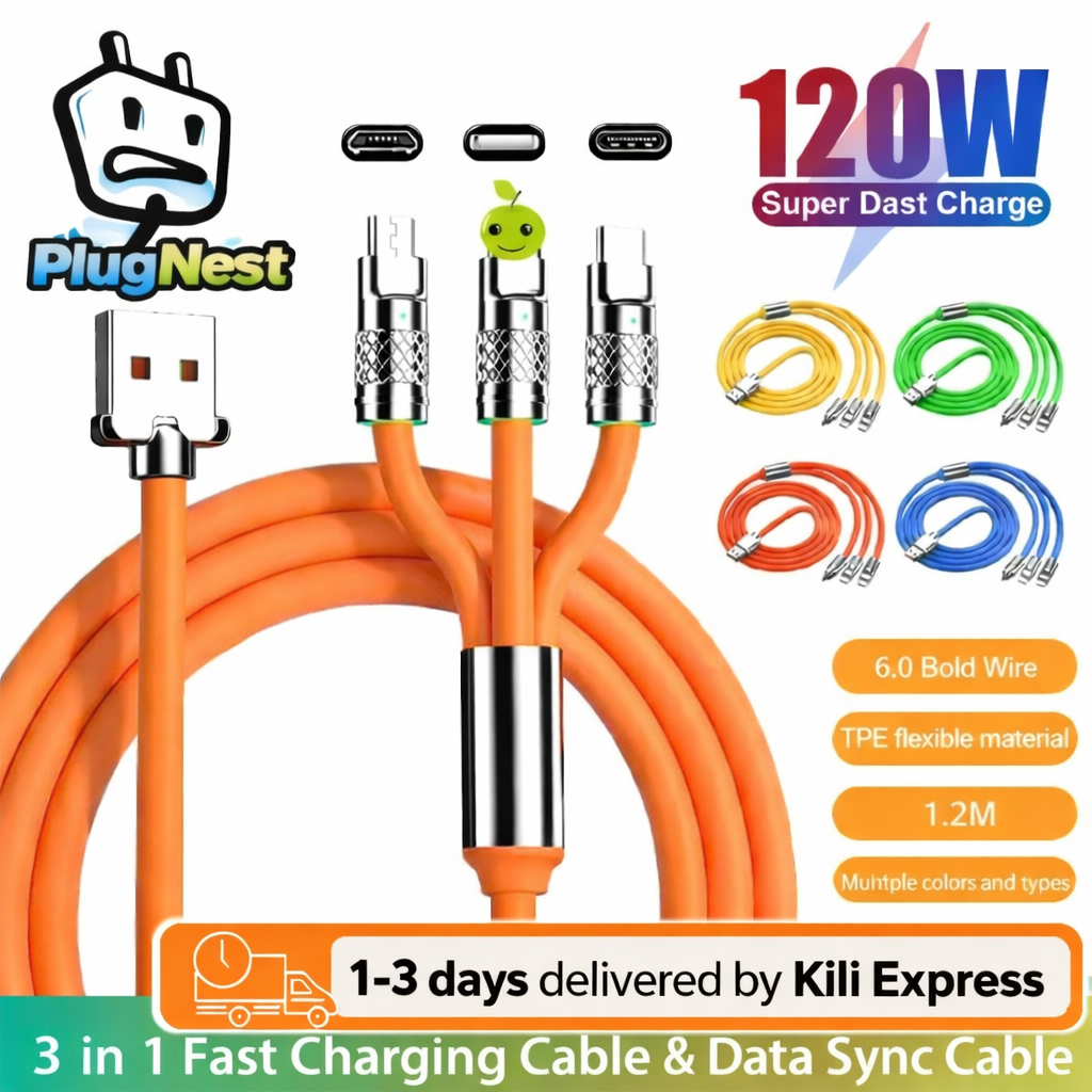6A 120W 3 In 1 Charging Cable USB Fast Charger Cable For iPhone Micro USB Type-C Charging Cable For Huawei Samsung Xiaomi Wird Cord
