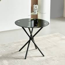 Modern Round Black Side Table – Minimalist Metal Frame with Glass Top for Living Room, Bedroom, or Cafe