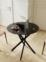 Modern Round Black Side Table – Minimalist Metal Frame with Glass Top for Living Room, Bedroom, or Cafe