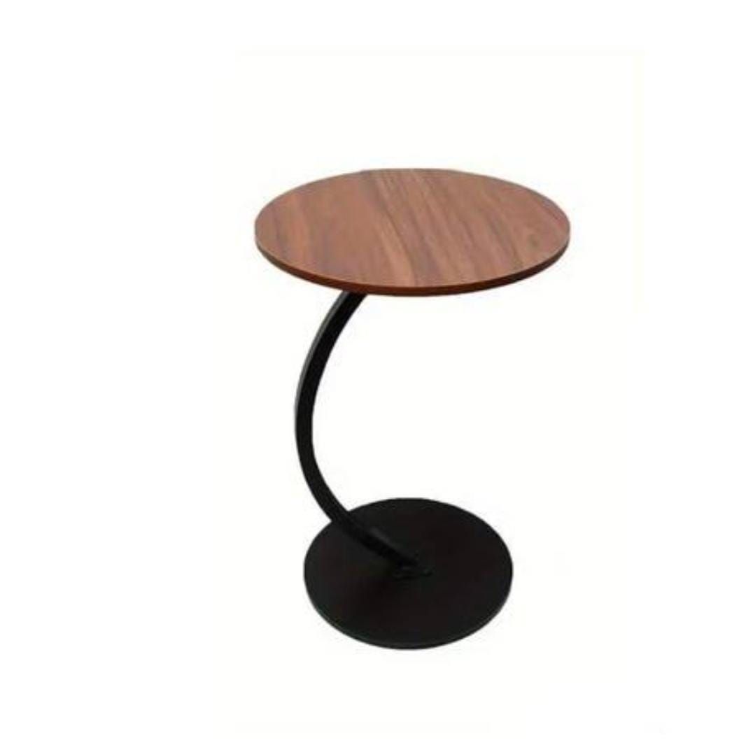 Modern C-Shape Curved Metal Side Table with Walnut Finish Round Top