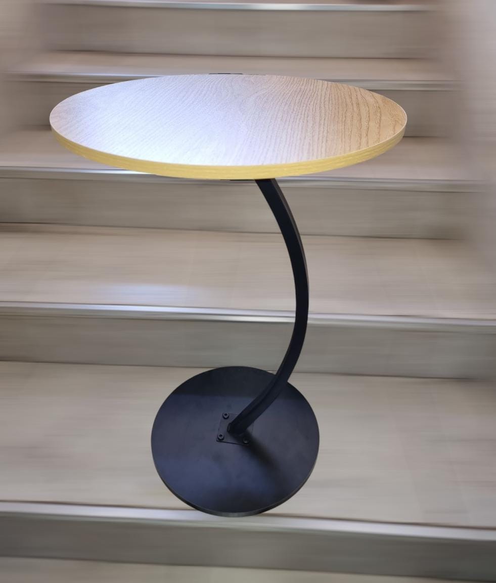 Modern C-Shape Curved Metal Side Table with Walnut Finish Round Top