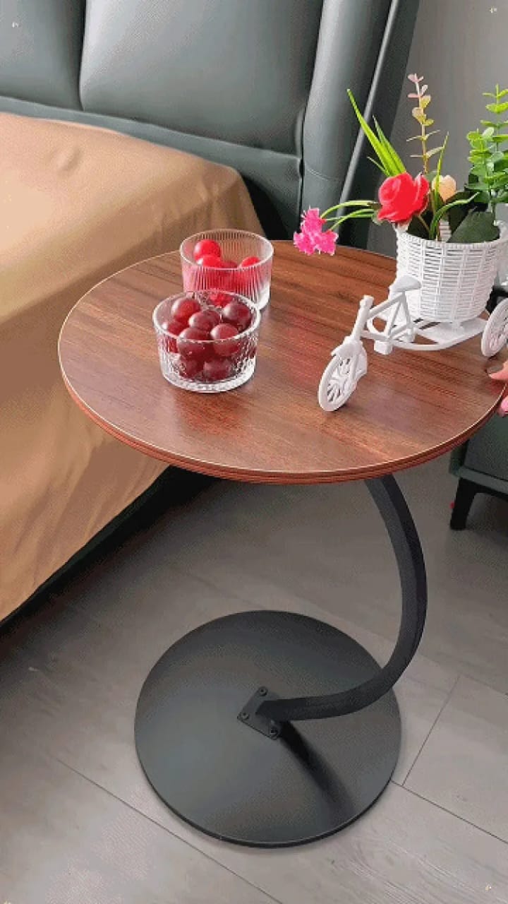 Modern C-Shape Curved Metal Side Table with Walnut Finish Round Top
