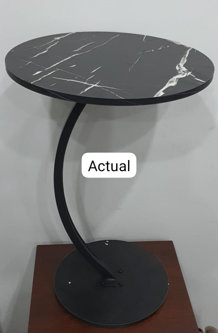 Modern C-Shape Curved Metal Side Table with Walnut Finish Round Top