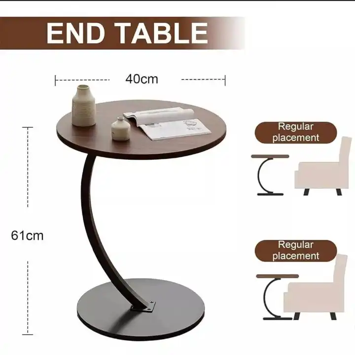 Modern C-Shape Curved Metal Side Table with Walnut Finish Round Top