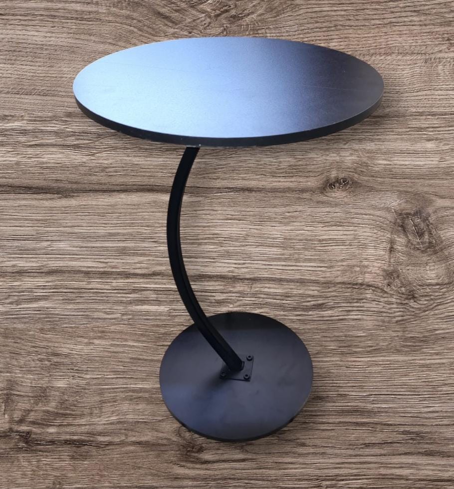 Modern C-Shape Curved Metal Side Table with Walnut Finish Round Top