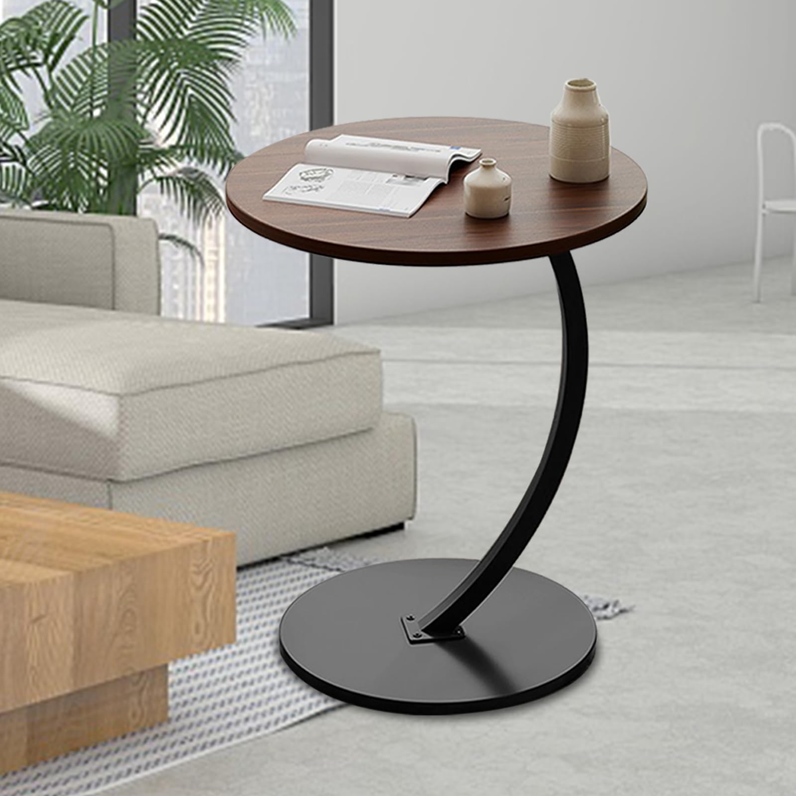 Modern C-Shape Curved Metal Side Table with Walnut Finish Round Top