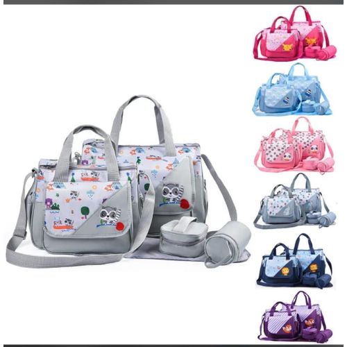 5 In 1 Baby Diaper Bag Nappy Changing Pad Travel Mummy Bag (ASSORTED PRINTS AND DECORATION) Includes Big baby bag ,Small diaper bag, Bottle pocket ,Food bag and Mackintosh