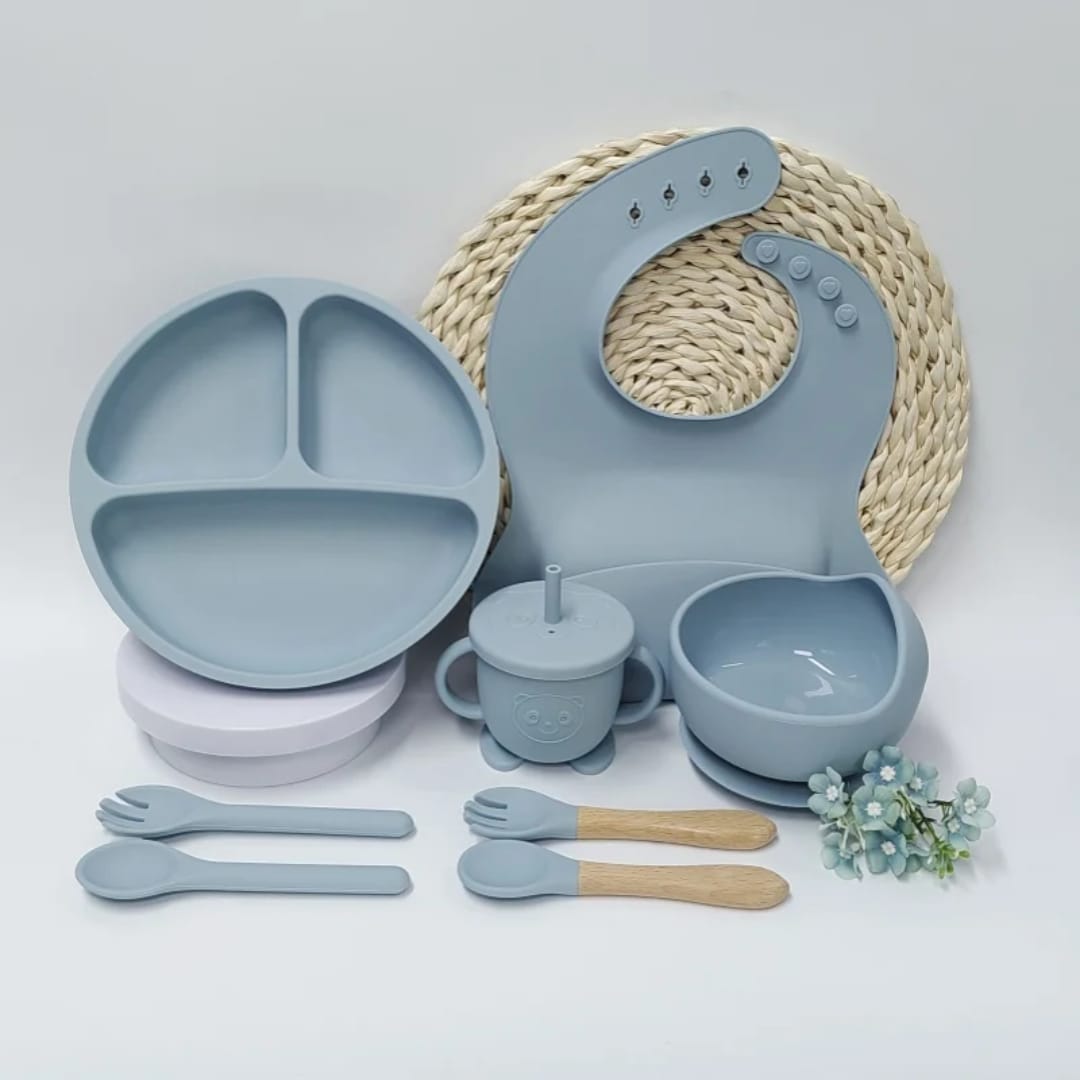 8 PCSilicone Baby Feeding Set, Baby Led Weaning Supplies with Suction Bowl Divided Plate, Toddler Self Feeding Dish Set with Spoons Forks Sippy Cup Adjustable Bib, Baby Eating Utensils Baby Bowl Plate