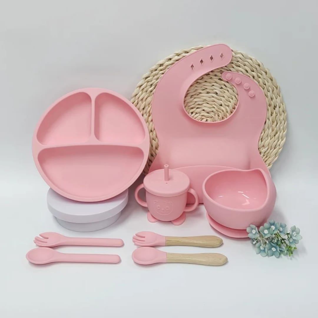 8 PCSilicone Baby Feeding Set, Baby Led Weaning Supplies with Suction Bowl Divided Plate, Toddler Self Feeding Dish Set with Spoons Forks Sippy Cup Adjustable Bib, Baby Eating Utensils Baby Bowl Plate