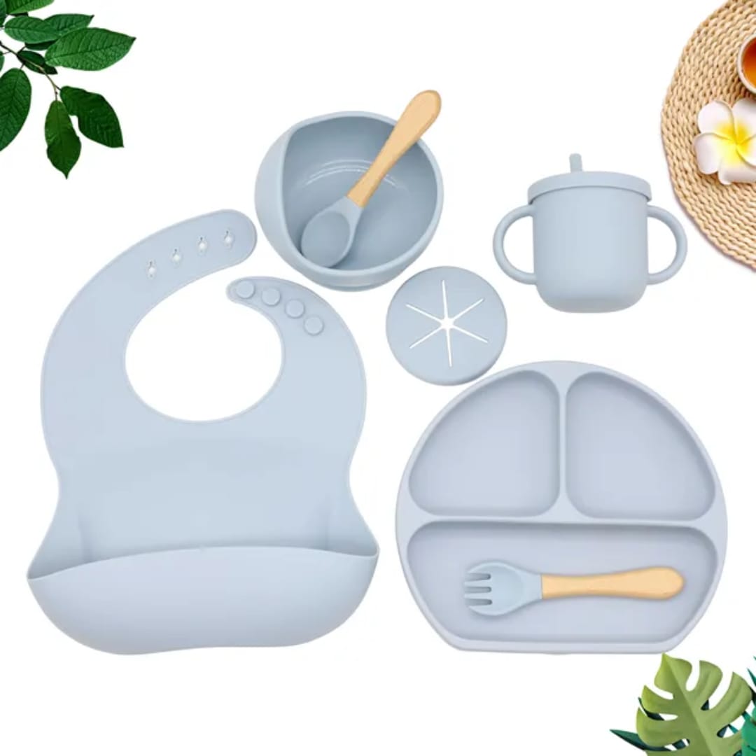 8 PCSilicone Baby Feeding Set, Baby Led Weaning Supplies with Suction Bowl Divided Plate, Toddler Self Feeding Dish Set with Spoons Forks Sippy Cup Adjustable Bib, Baby Eating Utensils Baby Bowl Plate