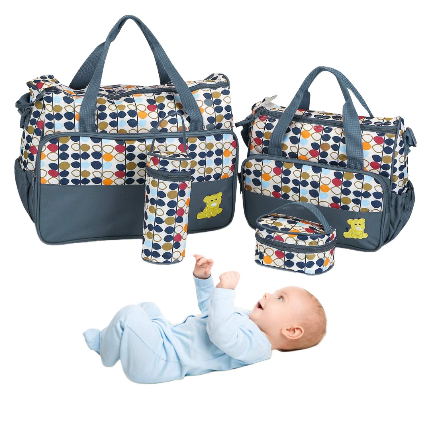 5 In 1 Baby Diaper Bag Nappy Changing Pad Travel Mummy Bag (ASSORTED PRINTS AND DECORATION) Includes Big baby bag ,Small diaper bag, Bottle pocket ,Food bag and Mackintosh