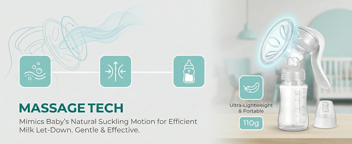 Healthy Manual Breast Pump with Free Baby Bottle Cap – Portable Handheld Breastfeeding Pump, BPA-Free, Silent Milk Expression, Easy to Clean, Comfortable Suction for Nursing Mothers