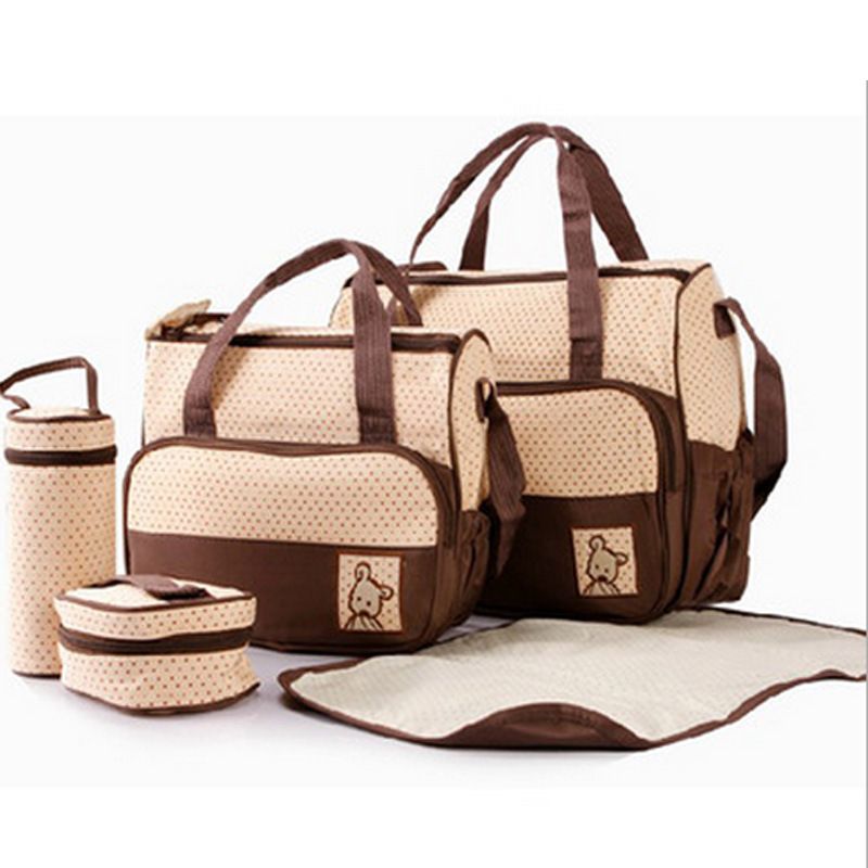 5PCS Baby Diaper Bag Set – Large Capacity Organizer with Bottle Holder, Food Bag, Nappy Pad & More | Durable, Stylish & Multi-Functional (Microfiber PVC)