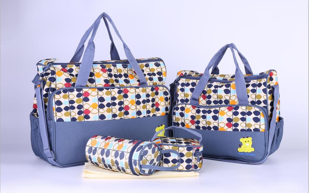 5 In 1 Baby Diaper Bag Nappy Changing Pad Travel Mummy Bag (ASSORTED PRINTS AND DECORATION) Includes Big baby bag ,Small diaper bag, Bottle pocket ,Food bag and Mackintosh