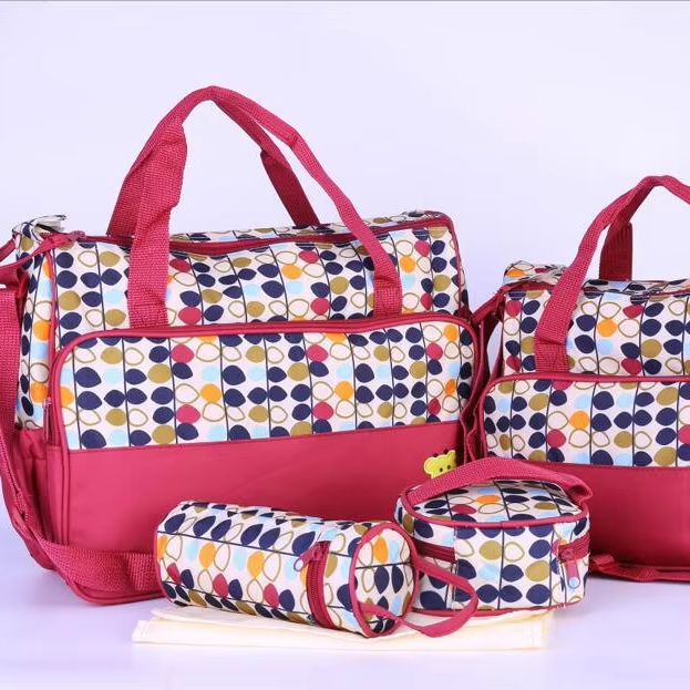 5 In 1 Baby Diaper Bag Nappy Changing Pad Travel Mummy Bag (ASSORTED PRINTS AND DECORATION) Includes Big baby bag ,Small diaper bag, Bottle pocket ,Food bag and Mackintosh