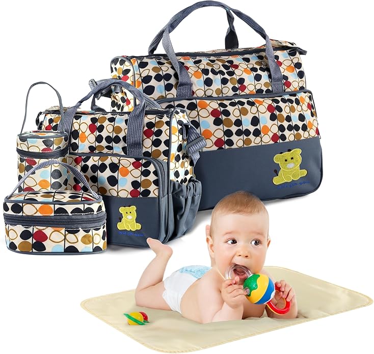5 In 1 Baby Diaper Bag Nappy Changing Pad Travel Mummy Bag (ASSORTED PRINTS AND DECORATION) Includes Big baby bag ,Small diaper bag, Bottle pocket ,Food bag and Mackintosh