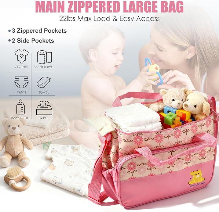 5 In 1 Baby Diaper Bag Nappy Changing Pad Travel Mummy Bag (ASSORTED PRINTS AND DECORATION) Includes Big baby bag ,Small diaper bag, Bottle pocket ,Food bag and Mackintosh