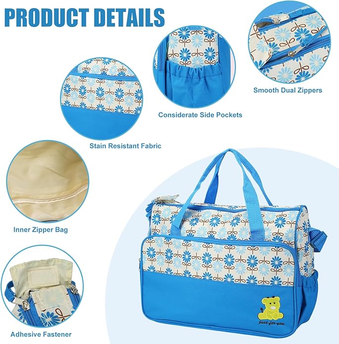 5 In 1 Baby Diaper Bag Nappy Changing Pad Travel Mummy Bag (ASSORTED PRINTS AND DECORATION) Includes Big baby bag ,Small diaper bag, Bottle pocket ,Food bag and Mackintosh