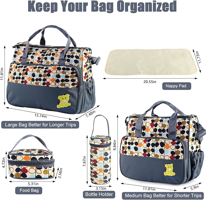 5 In 1 Baby Diaper Bag Nappy Changing Pad Travel Mummy Bag (ASSORTED PRINTS AND DECORATION) Includes Big baby bag ,Small diaper bag, Bottle pocket ,Food bag and Mackintosh