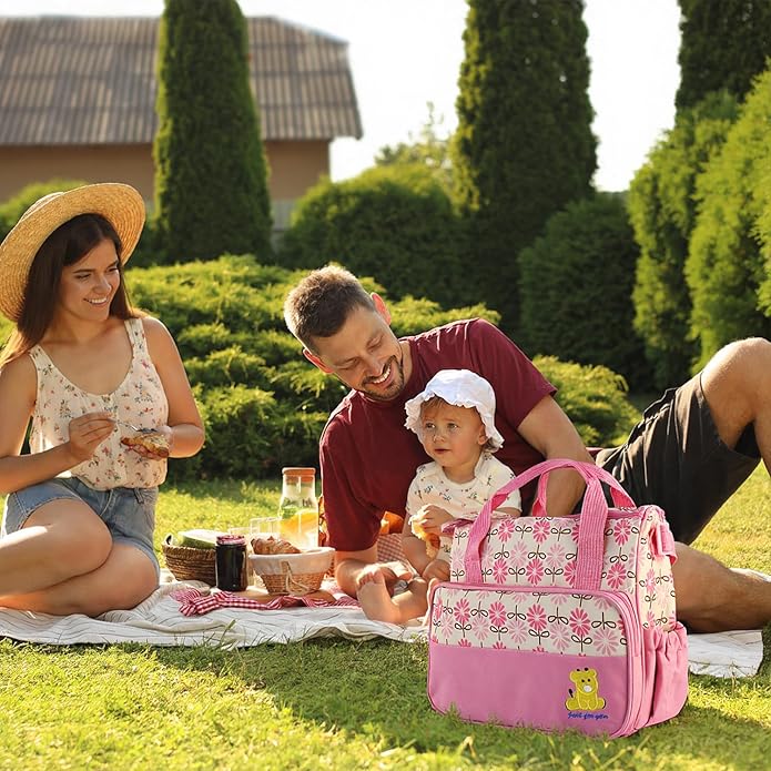 5 In 1 Baby Diaper Bag Nappy Changing Pad Travel Mummy Bag (ASSORTED PRINTS AND DECORATION) Includes Big baby bag ,Small diaper bag, Bottle pocket ,Food bag and Mackintosh